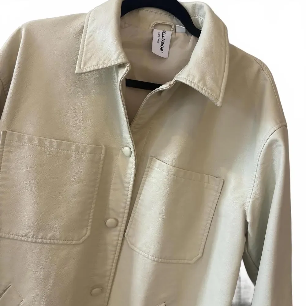 COLLUSION Cream Faux Leather Jacket - Picture 2 of 3